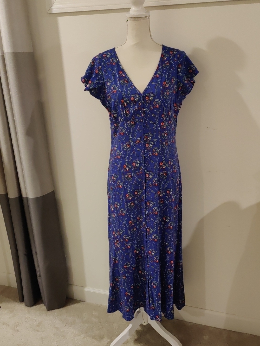 New!Loft Blue Floral V-Neck Button Up Midi Dress Country Chic Cottage Core Y2K